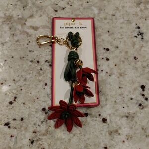 New!Piper K Bag Leather Key/Bag Charm~Poinsettia w/Leaves & Gold-tone Balls